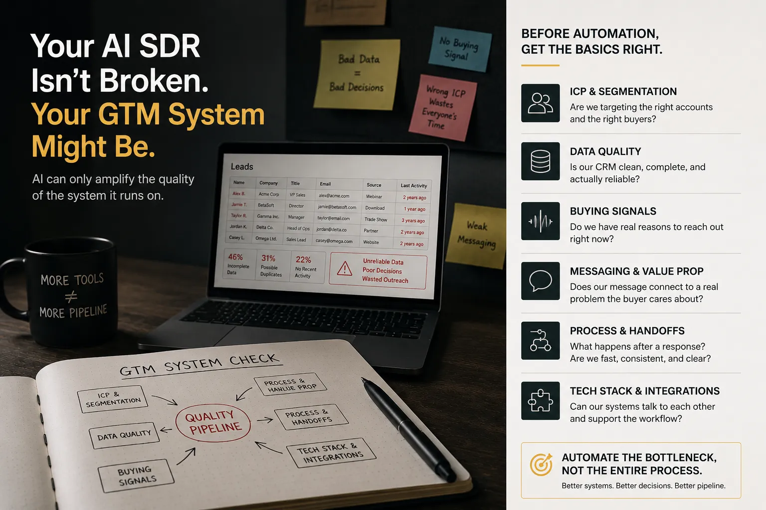 A desk showing a CRM lead list riddled with incomplete records, duplicates and stale activity, alongside a hand-drawn GTM system check mapping ICP, data quality, buying signals, messaging, process handoffs and tech stack around a quality pipeline.