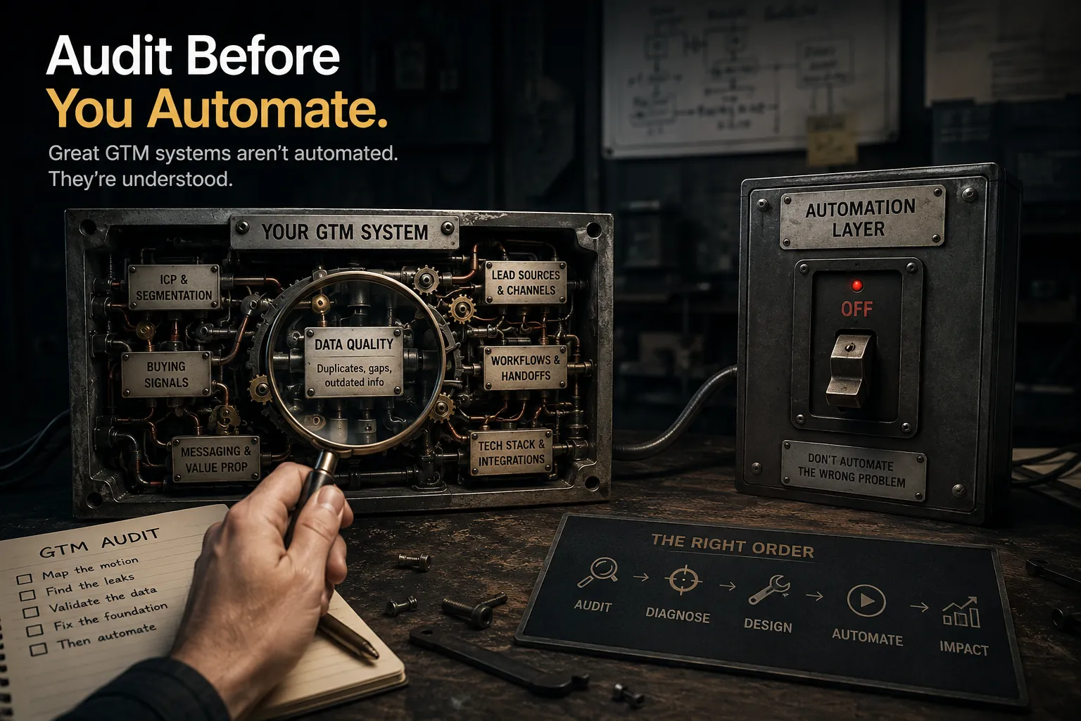 A go-to-market system opened up like an engineered machine on a workbench, its ICP, data quality, buying signals, messaging, workflows and tech stack labelled on internal panels while a hand inspects the data-quality core with a magnifying glass. The automation layer beside it is switched off.