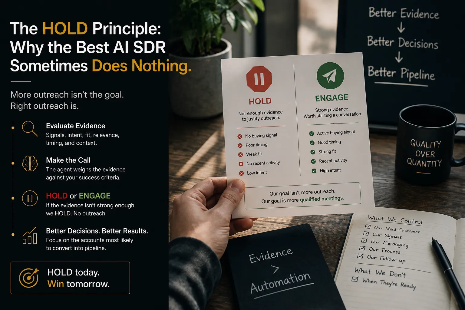 A hand holding a decision card that contrasts HOLD, where there is not enough evidence to justify outreach, against ENGAGE, where the signals, timing, fit and intent all support starting a conversation.